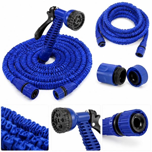 Разтегателен градински маркуч Magic Hose 15 м – Удължава се до 3 пъти, без усукване, с пистолет за пръскане