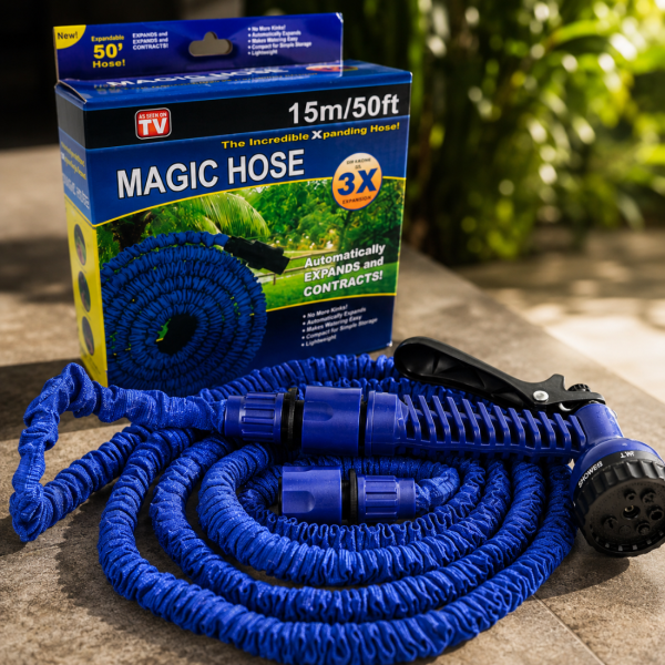 Разтегателен градински маркуч Magic Hose 15 м – Удължава се до 3 пъти, без усукване, с пистолет за пръскане