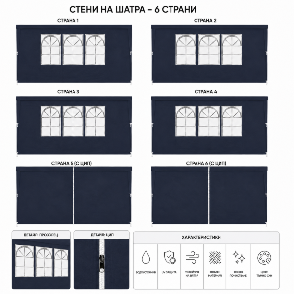 Градинска шатра 3x6 м водоустойчива - Парти палатка с 6 странични панела, прозорци и UV защита - тъмносиня