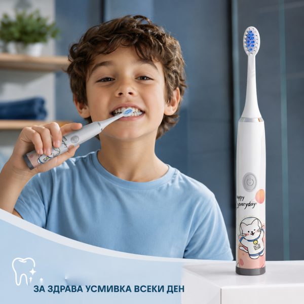 Детска електрическа звукова четка за зъби – За деца 6-9 години, меки косъмчета, бял космически дизайн 3