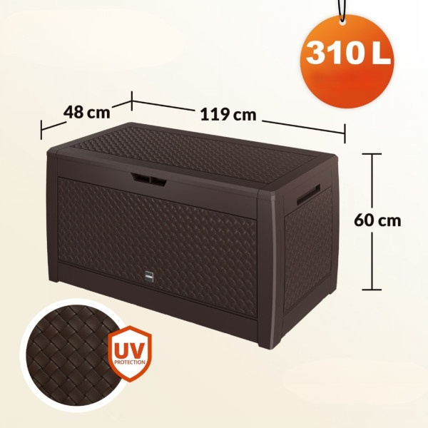 Градинска кутия за съхранение 310L – UV защита, ратанов дизайн, 119 x 48 x 60 см, Кафяв