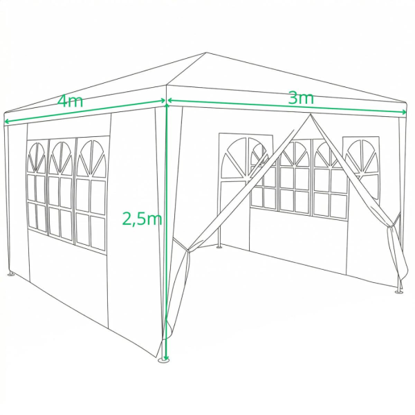 Градинска шатра павилион 3x4x2.5 м бяла – Парти шатра със стени, 4 прозореца и вход с цип