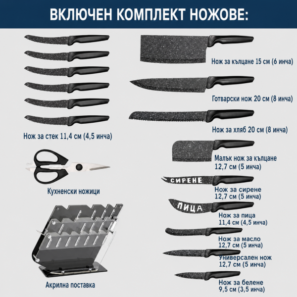 Комплект кухненски ножове 17 части със стойка и ножица от неръждаема стомана