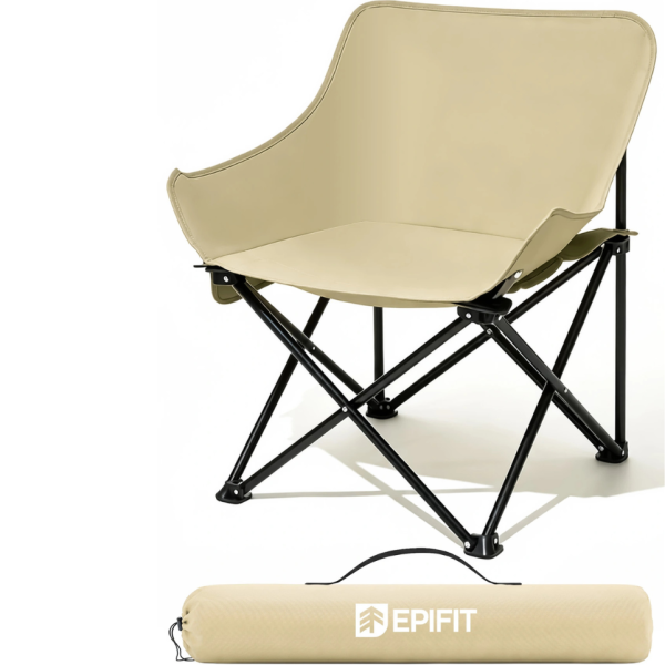 Сгъваем къмпинг стол EPIFIT бежов – Здрав, лек и удобен до 120 кг, метална конструкция и калъф за носене 1