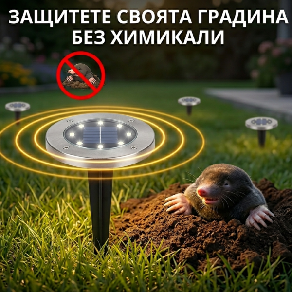 Соларна LED лампа 2в1 с репелер против къртици – Ефективна защита и градинско осветление 4