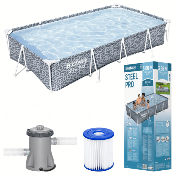 BESTWAY Steel Pro басейн 366x201x66 см с филтърна помпа - 4000 л капацитет, бърз монтаж и здрава метална рамка