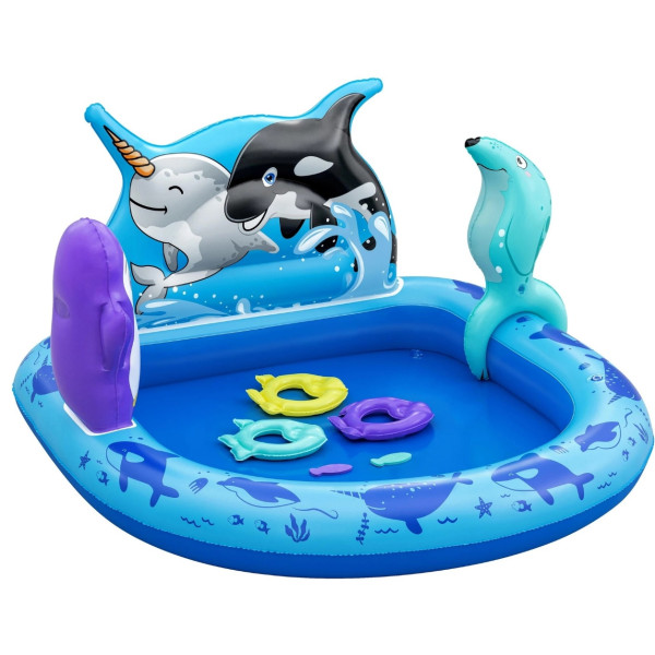 Надуваем детски басейн с морски животни, водни играчки и игра за хвърляне на халки, 134 x 131 x 73 см