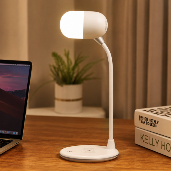 Настолна LED лампа 3 в 1 - Безжично зарядно 5W и Bluetooth високоговорител