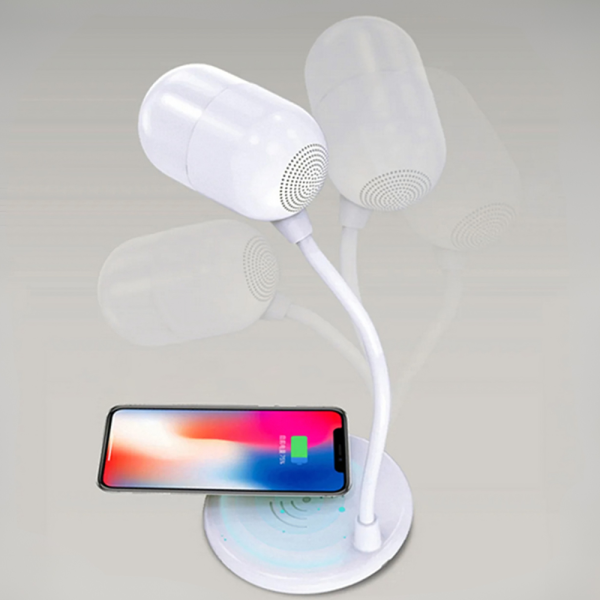 Настолна LED лампа 3 в 1 - Безжично зарядно 5W и Bluetooth високоговорител 5