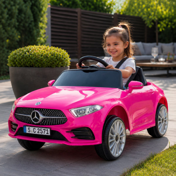 Розова акумулаторна кола Mercedes Benz CLS350 с кожена седалка 12V 2
