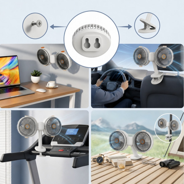 Акумулаторен двоен вентилатор с щипка – 360° регулируеми глави, USB-C зареждане и мощно охлаждане