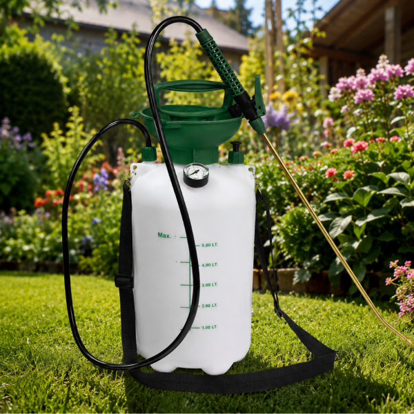 Пръскачка под налягане 5L Living & Garden – Месингов накрайник, манометър и презрамка за носене