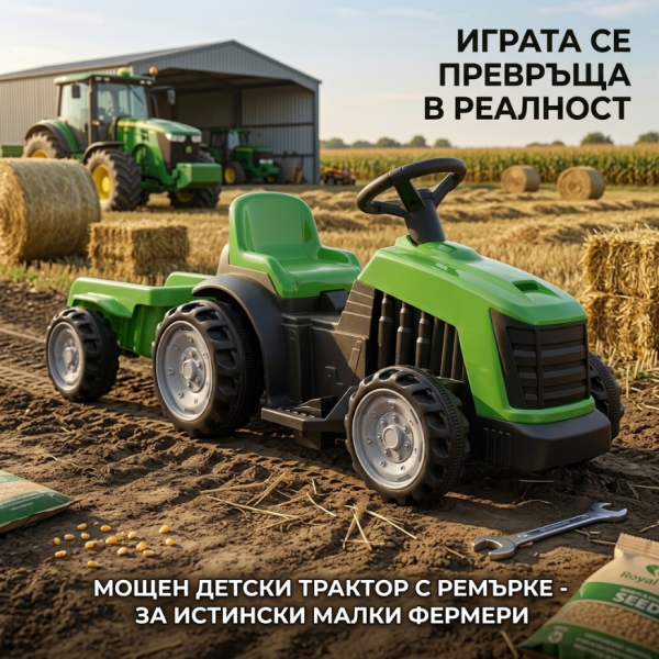 Детски акумулаторен трактор с ремарке 6V – Зелен, 25W мотор, до 30 кг, за деца 3+ години