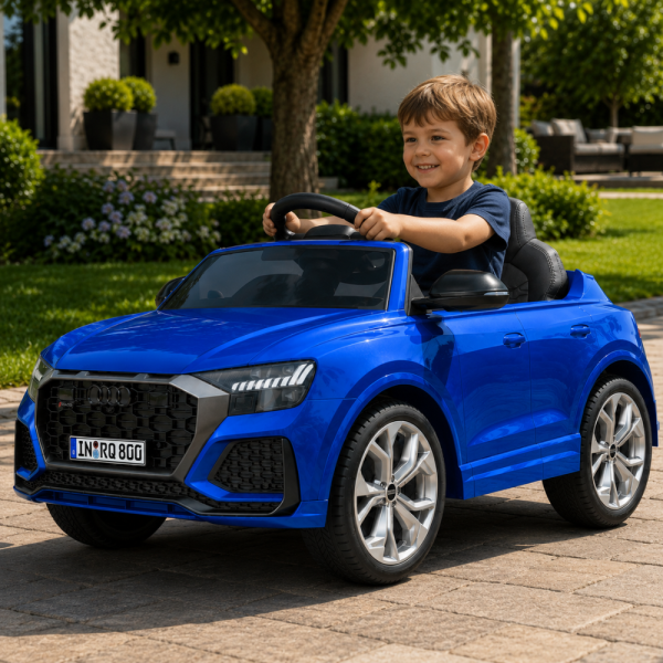 Детска акумулаторна кола Audi RS Q8 12V - Дистанционно управление, музика, LED светлини и амортисьори – синя 2
