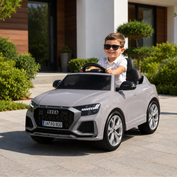 Детска акумулаторна кола Audi RS Q8 12V - Дистанционно управление, музика, LED светлини и амортисьори – сива