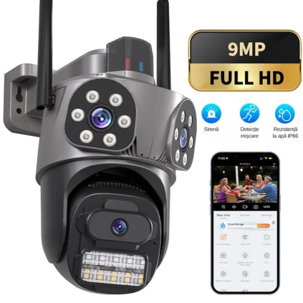 Тройна външна WiFi камера 9MP с аларма, 24 диода, iCSee, 3008 + подарък карта памет 64GB FS-23124