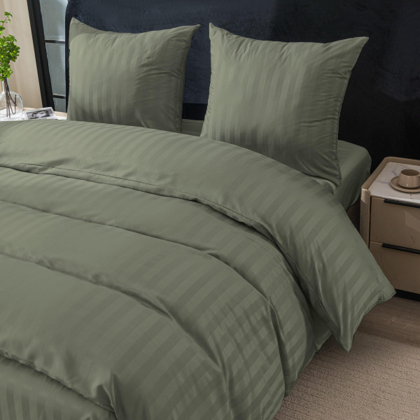 Спален комплект 3 части - 160x200 см с 2 калъфки, сатенени райета, микрофибър/памук, с цип, хипоалергенен - маслиненозелен