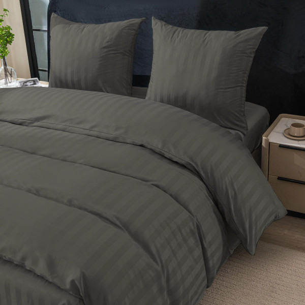 Спален комплект 3 части - 160x200 см с 2 калъфки, сатенени райета, микрофибър/памук, с цип, хипоалергенен - тъмно сив 1