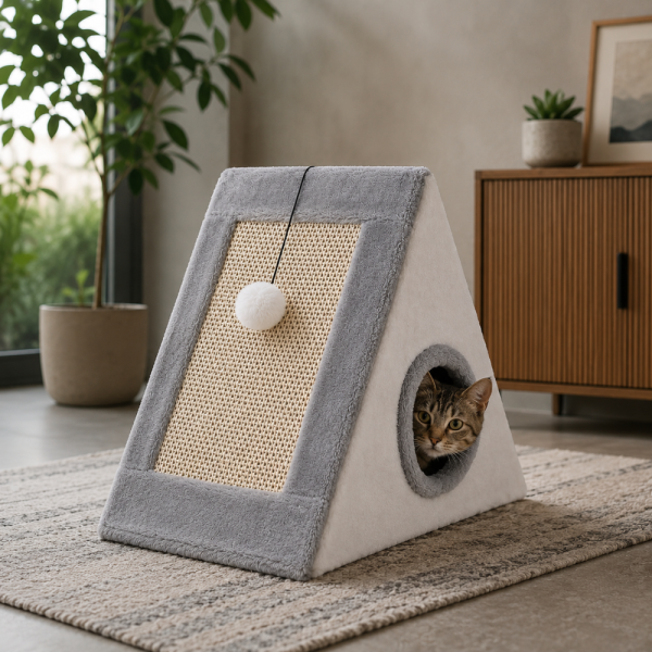 Къщичка за котки 4 в 1 - Драскалка, легло, играчка и уютно скривалище 39 x 45 x 14 cm