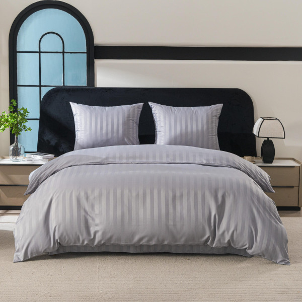 Спален комплект 4 части - 160x200 см с 2 калъфки, сатенени райета, микрофибър/памук, с цип, хипоалергенен - сив 3