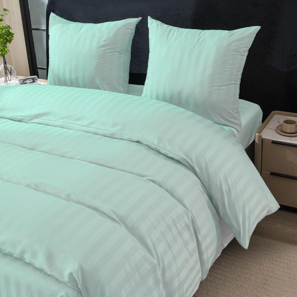 Спален комплект 4 части - 160x200 см с 2 калъфки, сатенени райета, микрофибър/памук, с цип, хипоалергенен - цвят мента