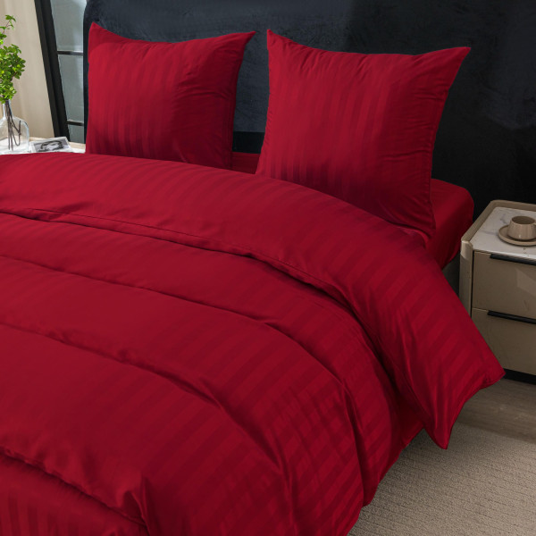 Спален комплект 4 части - 160x200 см с 2 калъфки, сатенени райета, микрофибър/памук, с цип, хипоалергенен - червен 2