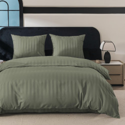 Спален комплект 4 части - 220x200 см с 2 калъфки, сатенени райета, микрофибър/памук, с цип, хипоалергенен - маслиненозелен
