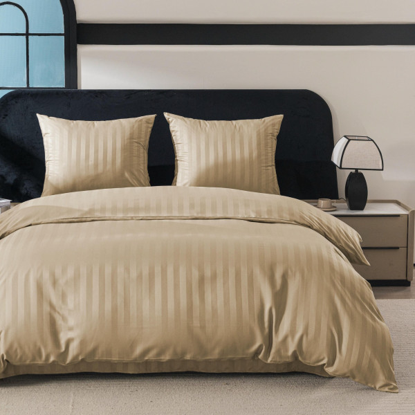 Спален комплект 4 части - 220x200 см с 2 калъфки, сатенени райета, микрофибър/памук, с цип, хипоалергенен - бежов