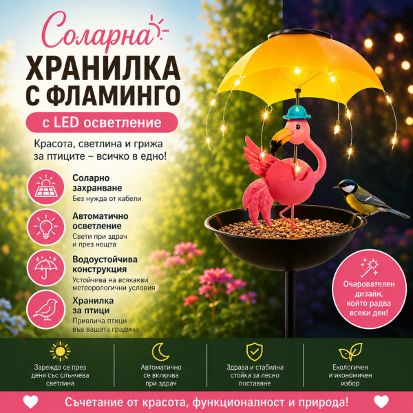 Градинска соларна лампа-хранилка за птици с фламинго и автоматично LED осветление