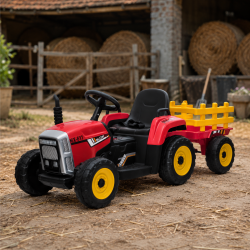 Детски акумулаторен трактор с ремарке 12V – 2x25W, MP3, Bluetooth, до 30 кг, червен