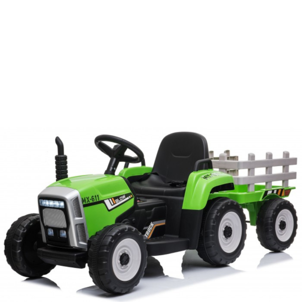 Детски акумулаторен трактор с ремарке 12V – 2x25W, MP3, Bluetooth, до 30 кг, зелен