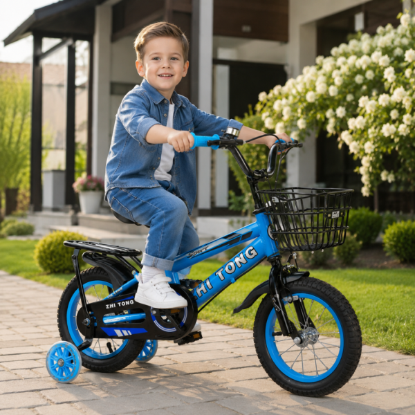 Детски велосипед с кош, помощни колела и два вида спирачки C BIKE1 - син 14 инча 2