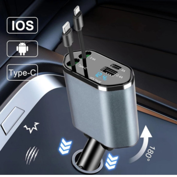 Автомобилно зарядно 4в1, 100W с USB-C, Lightning, прибиращи се кабели 80 см и LED дисплей 1