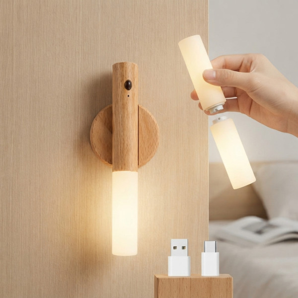 Безжична LED стенна лампа с магнитно закрепване, USB-C зареждане, 3 степени на яркост и топла светлина, дървесен дизайн 3