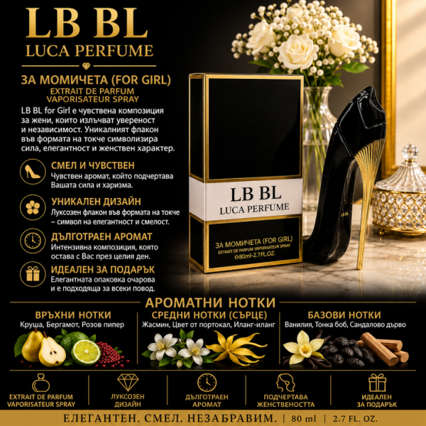 LB BL Luca Perfume for Girl 80 мл – Дълготраен аромат с круша, жасмин и ванилия в дизайнерска бутилка обувка на висок ток