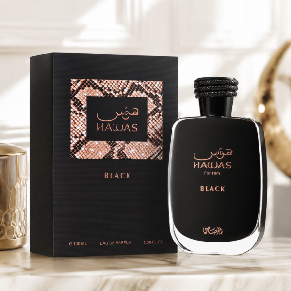 Rasasi Hawas Black EDP 100 ml – Мъжки дървесен аромат с плодова свежест и силно присъствие 1
