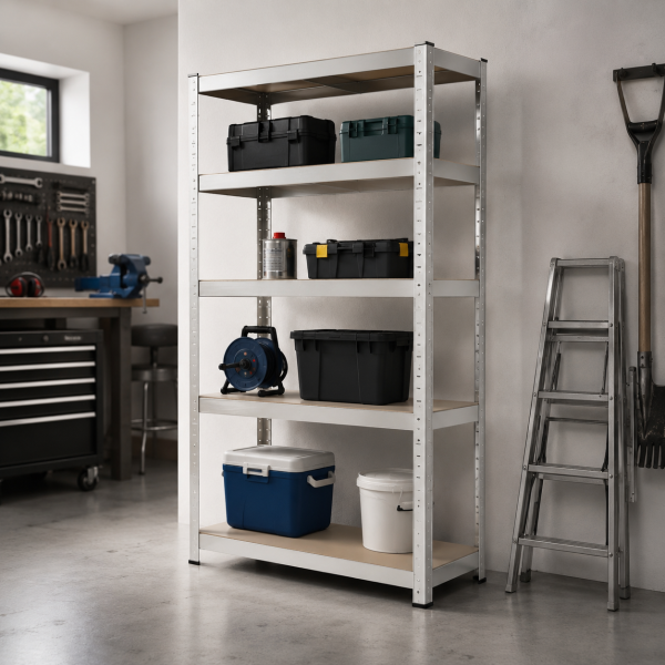 Метален стелаж 205x120x45 см, 5 рафта, до 1000 кг, безболтов, регулируеми рафтове – за гараж, склад, мазе и работилница 2