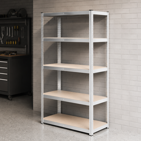 Метален стелаж 205x120x45 см, 5 рафта, до 1000 кг, безболтов, регулируеми рафтове – за гараж, склад, мазе и работилница 1