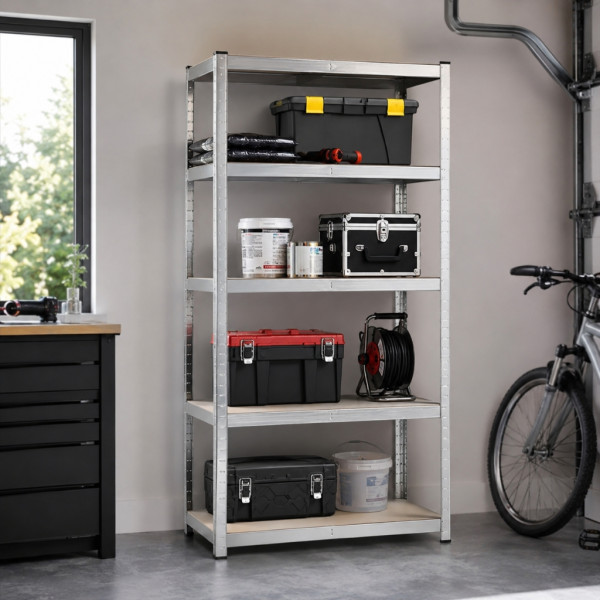 Метален стелаж 205x120x45 см, 5 рафта, до 1000 кг, безболтов, регулируеми рафтове – за гараж, склад, мазе и работилница 3