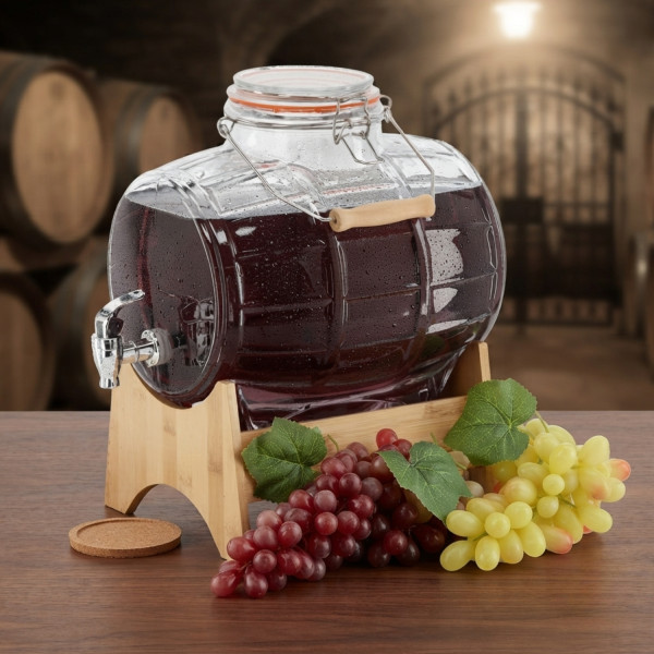 Стъклен диспенсър за напитки 8L, с кран и бамбукова поставка