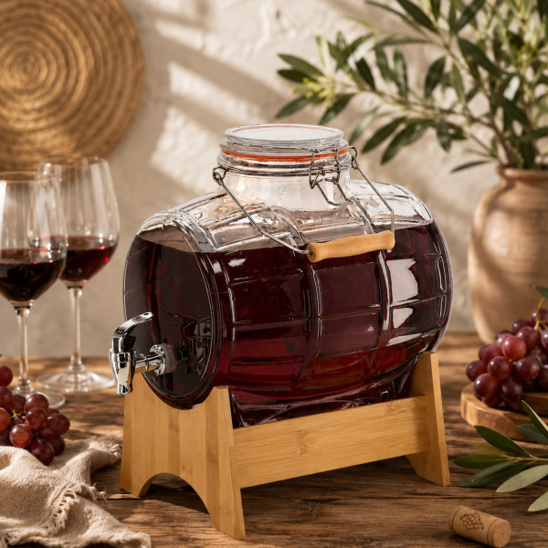 Стъклен диспенсър за напитки 8L, с кран и бамбукова поставка 3