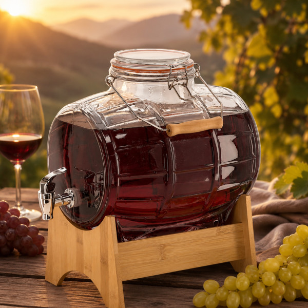 Стъклен диспенсър за напитки 8L, с кран и бамбукова поставка 4