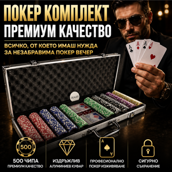 Премиум комплект за покер с 500 тежки професионални чипа – Всичко необходимо за истинско казино изживяване у дома