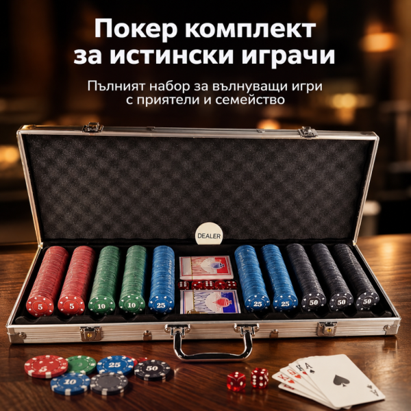 Класически комплект за покер с 500 чипа в алуминиев куфар – 2 тестета карти, дилър бутон и зарове