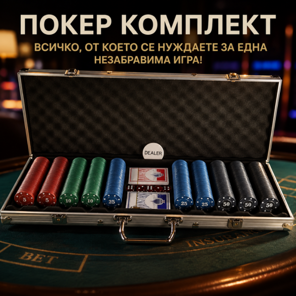 Класически комплект за покер с 500 чипа в алуминиев куфар – 2 тестета карти, дилър бутон и зарове 2