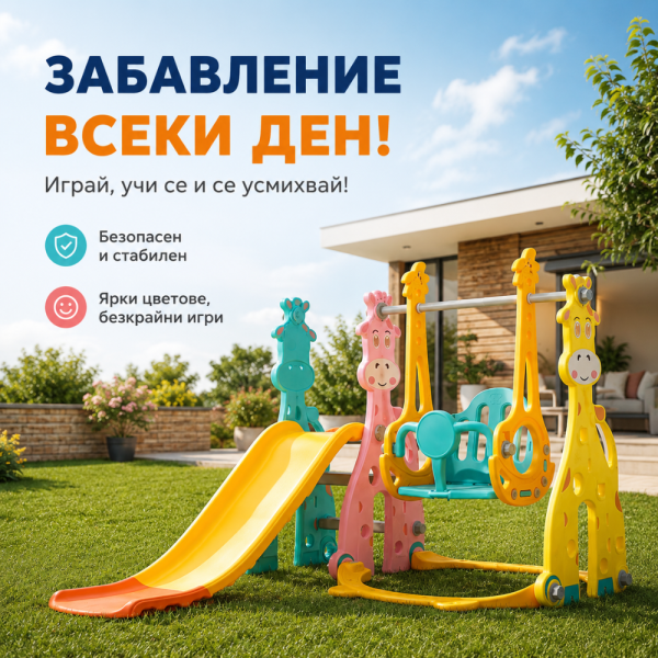 Детска пързалка с люлка 4 в 1 – 160 см, баскетболен кош и топка, стабилна PE конструкция за дом и градина 2