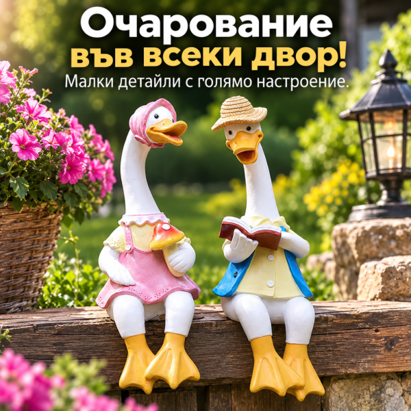 Декоративни градински фигурки чифт влюбени патици 2 бр. – Реалистична украса от смола за двор, градина, тераса и балкон 2