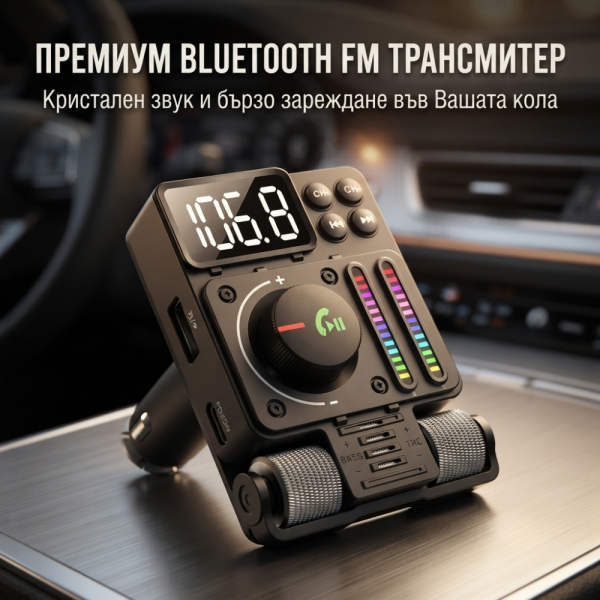 Автомобилен FM предавател и FM трансмитер Bluetooth 5.3 с PD 30W бързо зареждане, Hi-Fi звук и Hands-Free