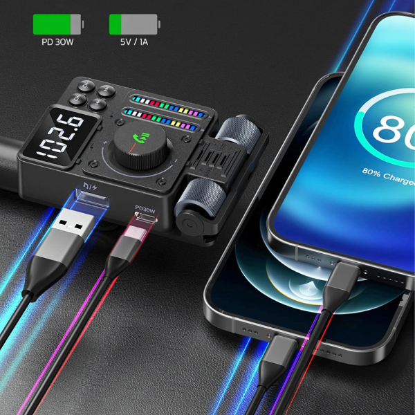 Автомобилен FM предавател и FM трансмитер Bluetooth 5.3 с PD 30W бързо зареждане, Hi-Fi звук и Hands-Free