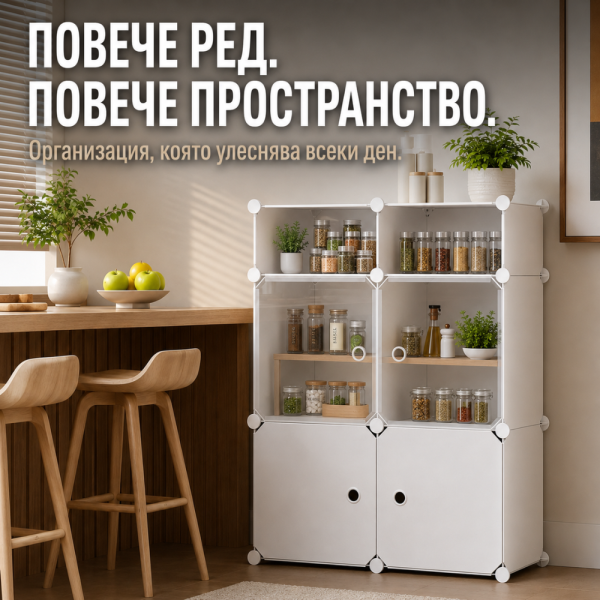Модулен шкаф за съхранение – 6 модула с вратички, бял, 144 × 74 × 37 см 2